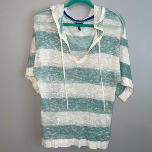 EUC Splendid Linen Blend Short Sleeve Hoodie Mesh Oversized Sweater Striped Sz S